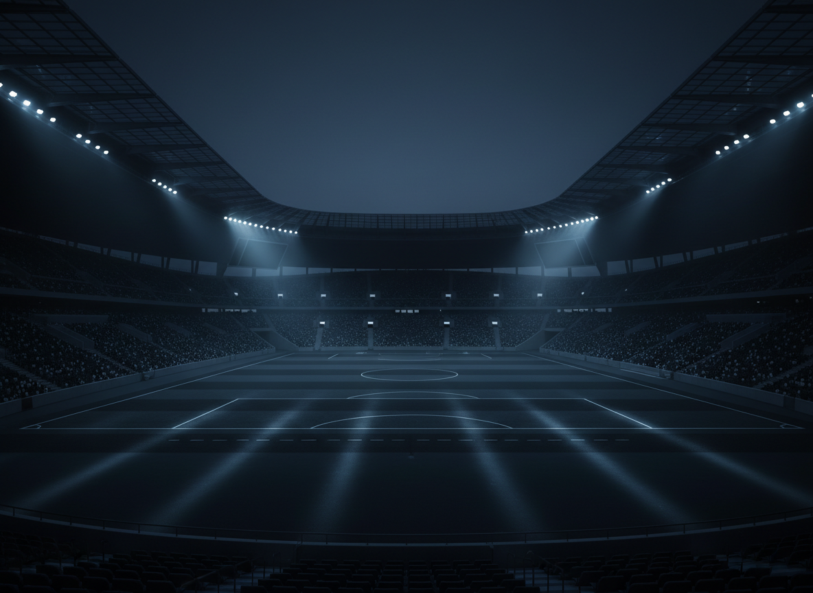 A dramatic, moody dark stadium at dusk with cool blue floodlights